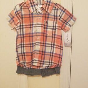 Plaid collar shirt/Blue jean shorts